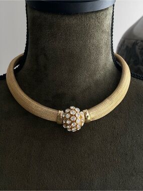 Authentic Vintage Dior Rhinestone Cluster Mesh Gold Thick Chain Choker Necklace